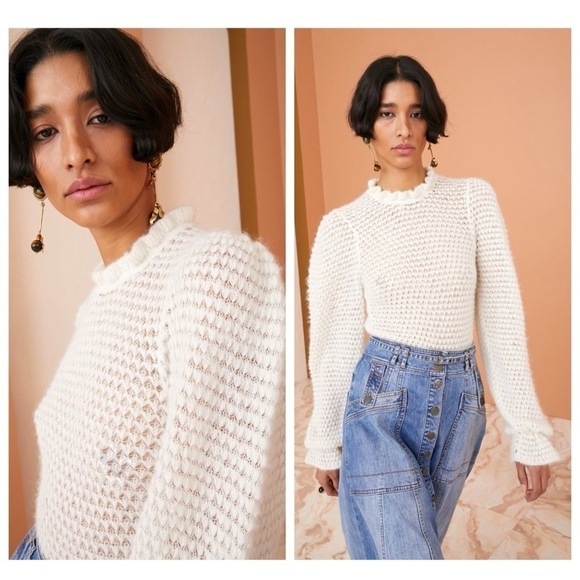 NWT ULLA JOHNSON Cream Laila Ruffled Alpaca-blend Lightweight Knit Sweater sz XL - Picture 6 of 16